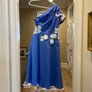 Lela Rose blue one shoulder dress (bw)